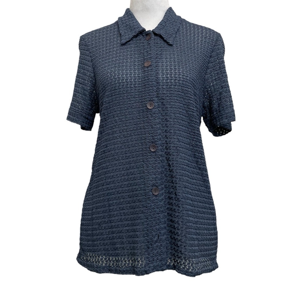 Marcy Allan Vintage 70s Blue Crinkle Stretch Knit Button Up Semi Sheer Shirt